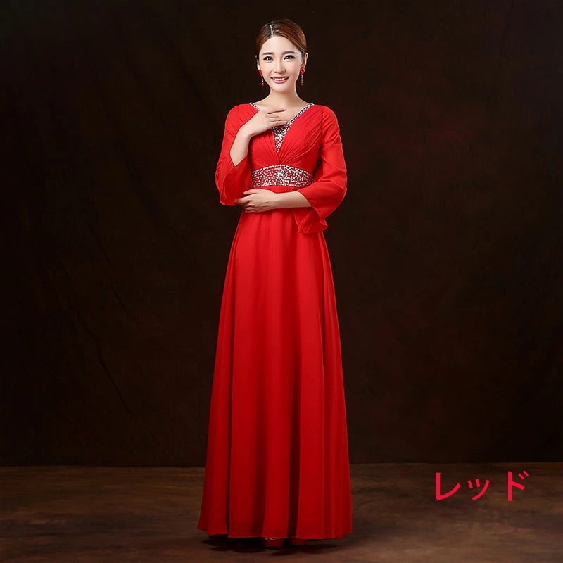ウェディングドレス ウエディングドレス 6色 カラードレス ロングドレス シフォン 演奏会 発表会 長袖 シャンパン コンクール コーラス 演出服 オーケストラ 合唱 ステージ衣装 レッド ブルー パ