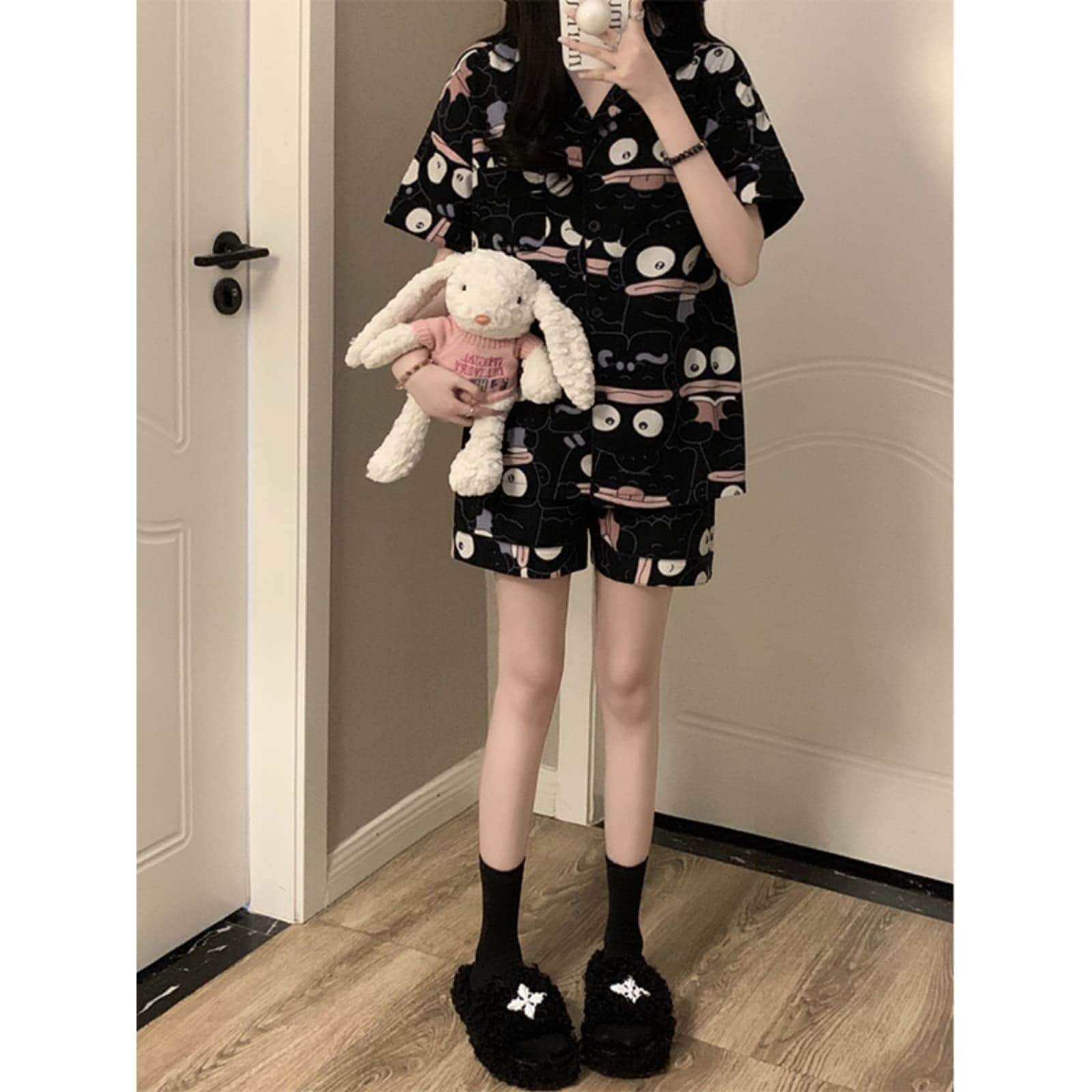 【激安本日限定】可愛いパジャマパジャマアグリーフィッシュパジャマ女性夏綿黒半袖カジュアルスーツホーム服限定30％割引