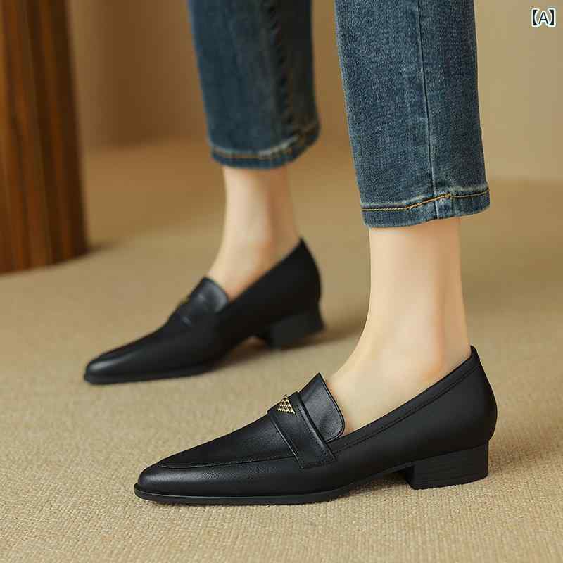 ローファー レディース 通勤 オフィス 仕事 英国 深口 女性 春秋 スタイル ポインテッドトゥ 厚手 ヒール ローカット カラーポリッシュ ソフト ソール シューズ レトロ 小さい 革靴