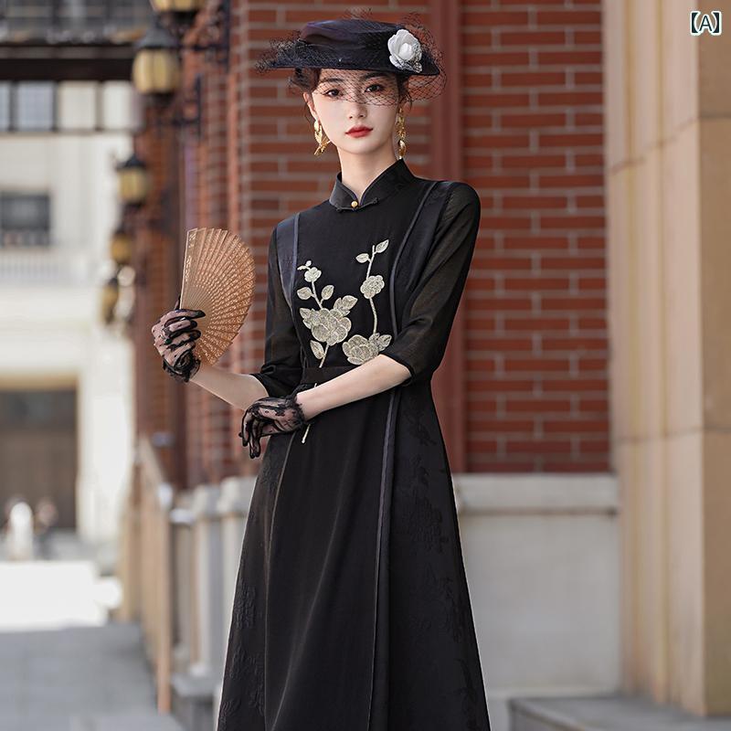 チャイナドレス 夏 レディース ワンピース 刺繍 ステッチ 低スリット ブラック 9,900円