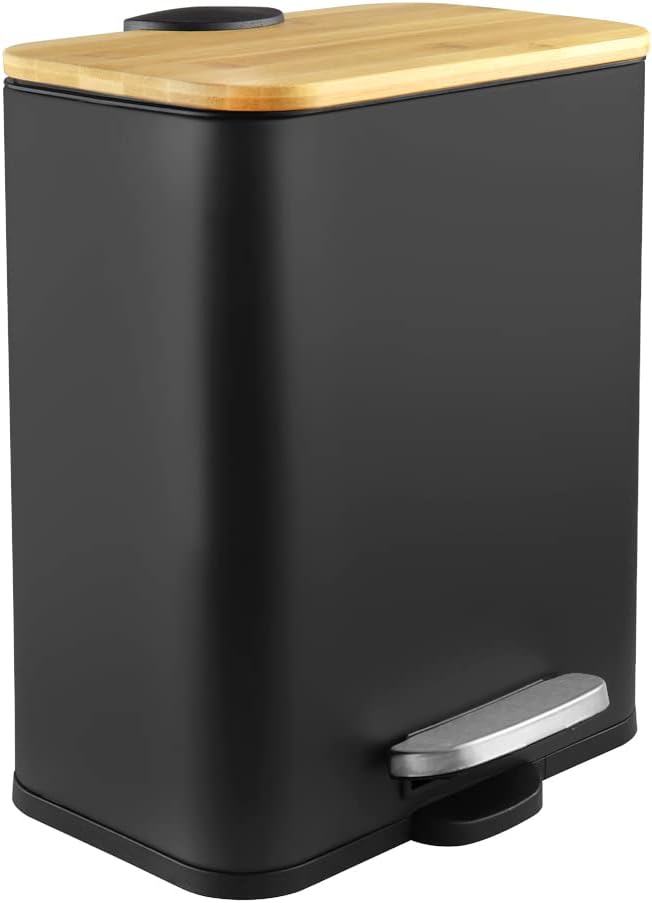 ゴミ箱 5L 長方形 ふた付き ペダル式 消臭 密閉 音無し 竹蓋 キッチン/リビングルーム/トイレ/バスルーム/オフィス/部屋用（黒）