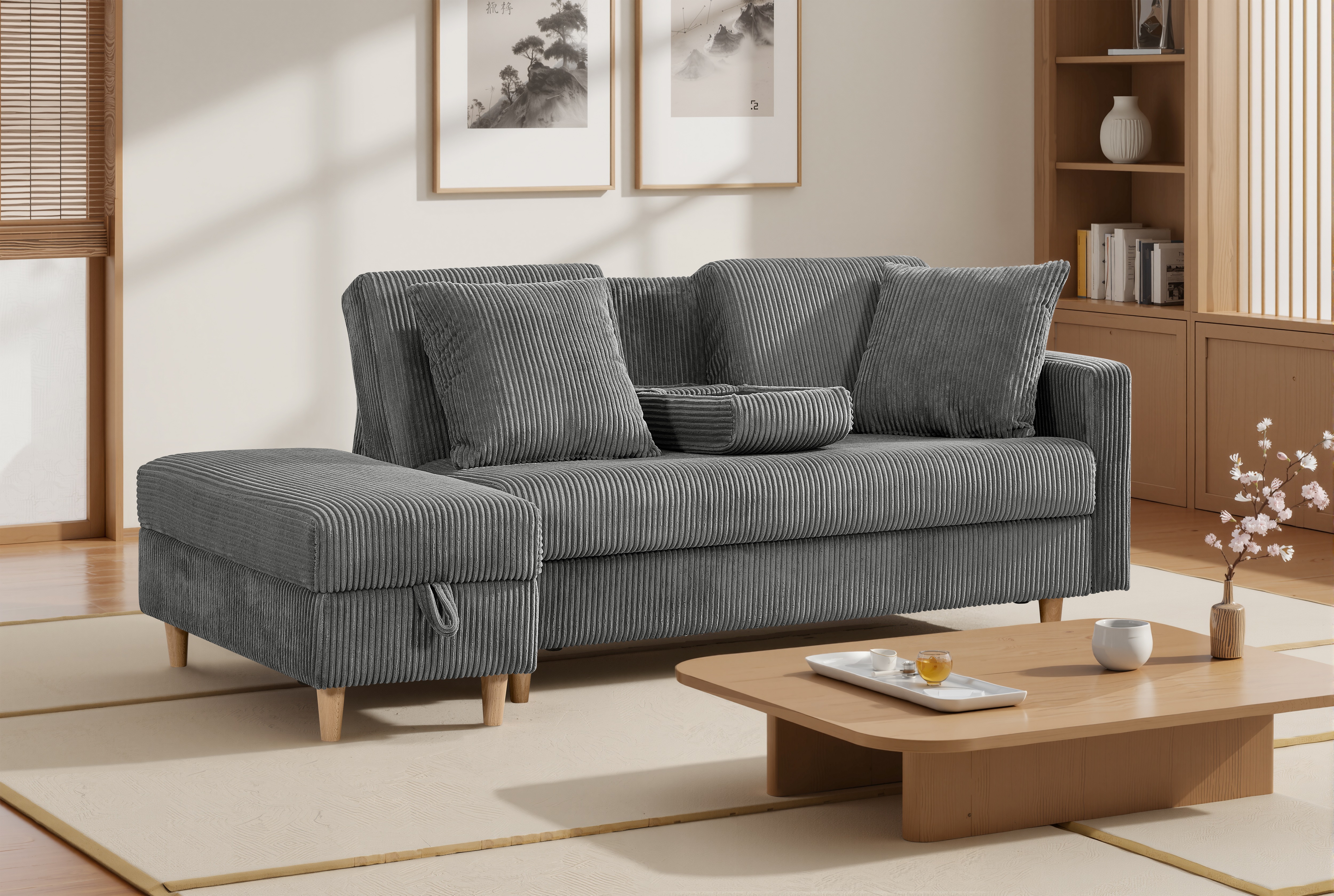 【2点購入で150OFF】【国内即発送】ソファ　ソファーベッド　カウチソファ　3人掛け　オットマン付き　多機能ソファ　左右側とも取り付けるアームレスト　たくさん収納　レイアウト自由　クッション2個3