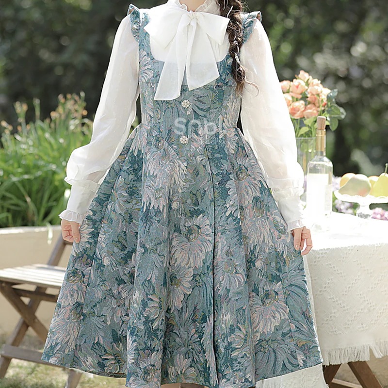 花柄ワンピース ロング ジャンパースカート レディース サロペットスカート 春服 油絵風 ロリータ 文化祭 撮影服 演出服 デート