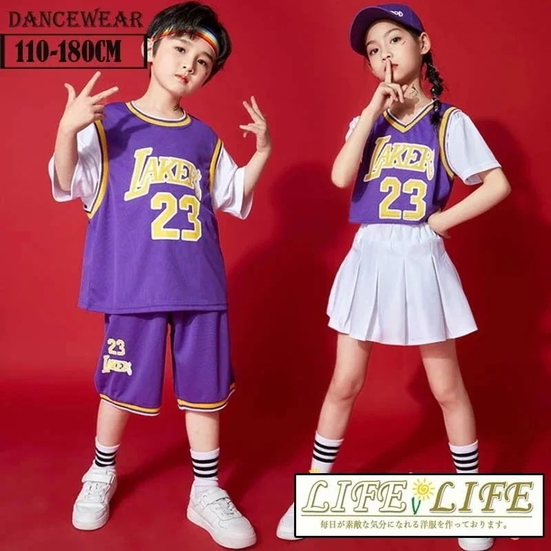 キッズ チアガール 衣装 キッズ 子供服 チアリーダー衣装 演出服　ジャズダンス セットアップ 発表会 イベント 応援団 新体操 チーム衣装 団体 男子 女子 パープル110 120 130 140