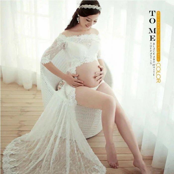 入荷！ワンピース マタニティ レース ロングトレーン 5分袖 7分袖 ロングドレス マタニティドレス マタニティフォト 記念写真 ホワイト レース 赤ちゃん 妊 5,388円