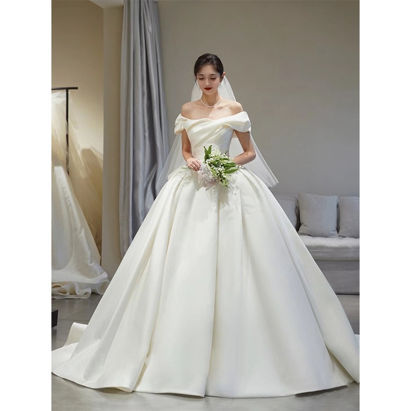 ワンショルダーサテンライトウェディングドレス2025新婦シン気質お出かけメイン糸質感妊婦用 14,933円