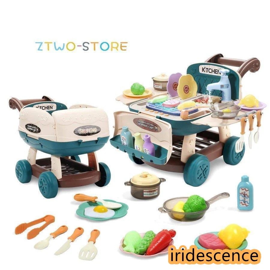 【新品】おままごと 2in1キッチンセット 買い物かご 収納式 ショッピングカートおもちゃ UV色変化 水循環 室内遊び 室内ゲーム 28点セット 手押し車 焼き肉