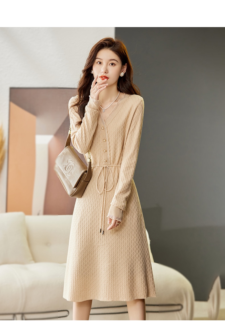 秋 冬 セータースカート 女性 エレガント ウエスト ニットドレス アプリコット ブラウン ブラック M L XL XXL ワンピース 膝丈 ひざ丈 袖あり かわいい 大人可愛い きれいめ シンプル