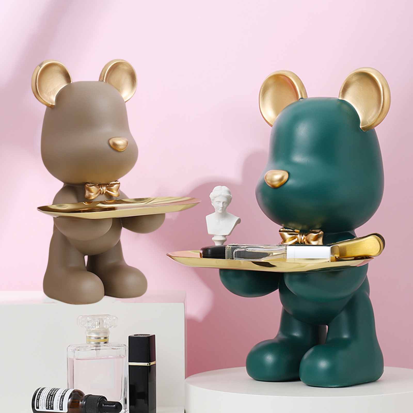 卓上置物 玄関 置物 装飾 キー収納 鍵置き 小物収納 皿を捧げるくまさん 小物収納 樹脂 紛失防止