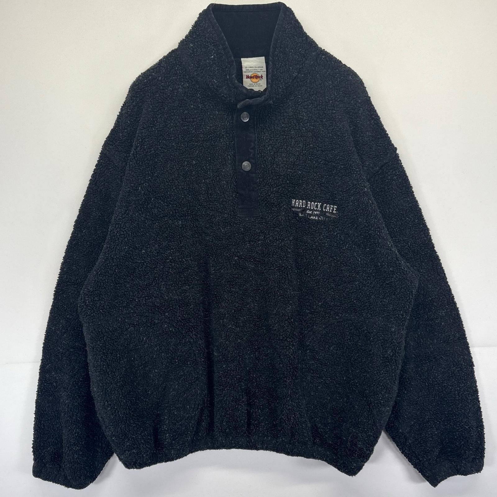 古着 ハードロックカフェ Hard Rock Cafe フリースジャケット パイル ハーフボタン プルオーバー 大きいサイズ ワンポイントロゴ 2XL ブラック メンズ