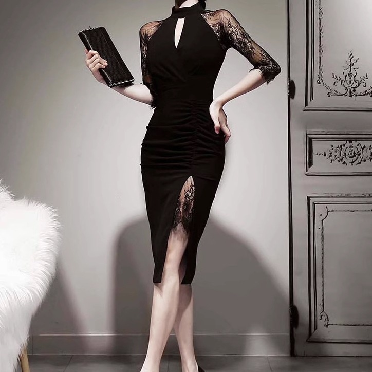 ドレス パーティー 結婚式 二次会 披露宴 ステージ フォーマル キャバ ラウンジ クラブ 膝丈 7分袖 袖あり カシュクール ホルターネック 襟なし スリム 細身