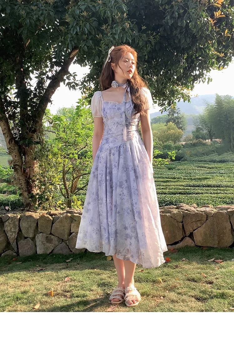 プラスサイズ 女性 パープル スクエアカラー ウエスト ドレス 夏 甘い A ライン スカート 個性的 ワンピース ロング ロング丈 袖あり 半袖 パフスリーブ スクエアネック 襟なし かわいい