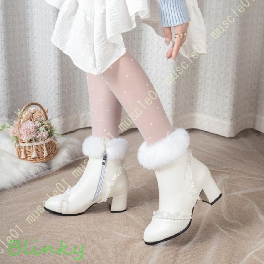 超かわいい ロリータブーツ ガールズ/レディース ショートブーツ ファー 太ヒール ファーブーツ サイドジッパー ハイヒール 歩きやすいプ アンクルブーツ 黒