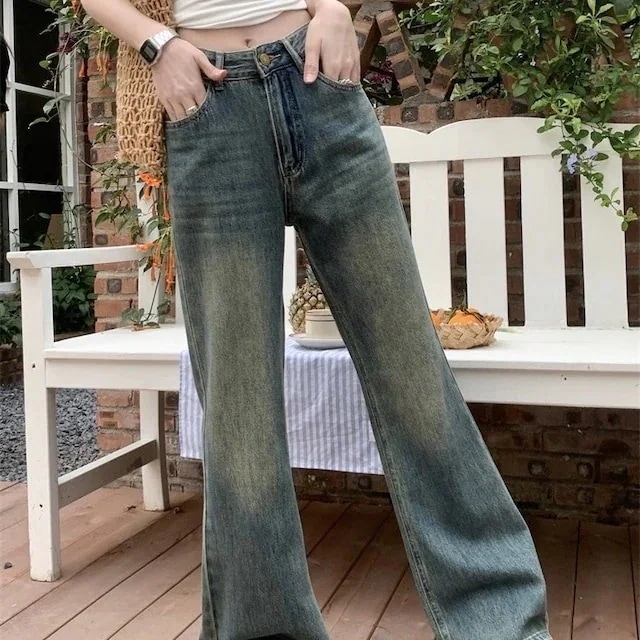 25パンツ デニム ジーンズ ワイド ストレート ハイウエスト 脚長効果 美脚効果 細見え ウォッシュ カジュアル おしゃれ かわいい 韓国ファッション レディース お出かけ