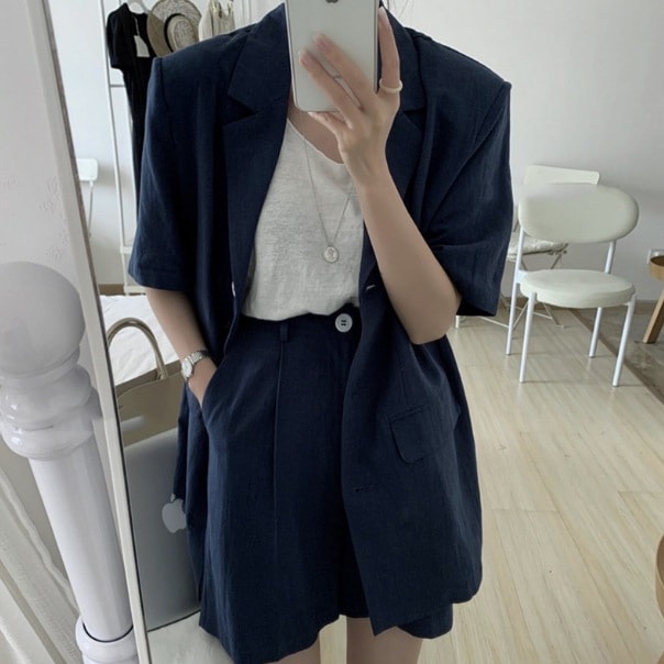 セット ジャケット ショートパンツ 襟付き ノッチドラペル デザイン ボタン タック 美ライン ニュアンス ニット 2点セット ツーピース お得 2点セット カラバリ かわいい 大人可愛い きれいめ