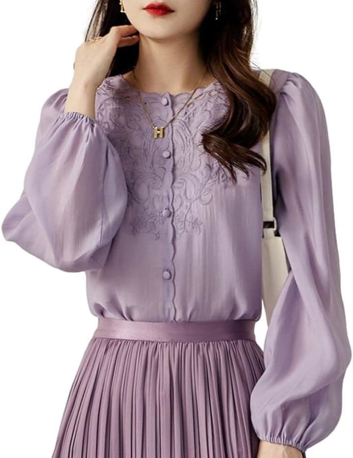 刺繍シフォンブラウス パフスリーブ デザインボタン トップスレディース オフィスカジュアル 痩せ見え 通気性 ボタニカル JS86-PU-L(パープル, L)