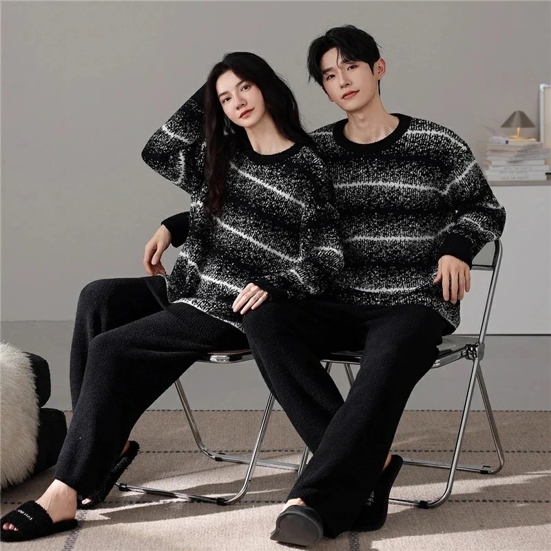 赤字開催 ペアパジャマ もこもこ 冬 男女2着 セット 厚手 ソフト 防寒 uネック カップル ストライプ パジャマ ルームウェア グラデーション ボーダー 柔らかい おしゃれ ペア 長袖 クルーネッ