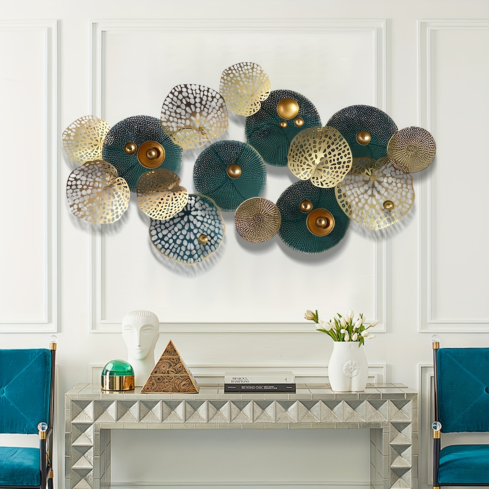 壁飾り ウォールデコレーション アイアン 壁面装飾 壁デコ ウォールアクセント インテリア おしゃれ ゴールド グリーン 豪華 3Dアート 透かし葉 植物 サークル 丸 玄関 リビング モダン