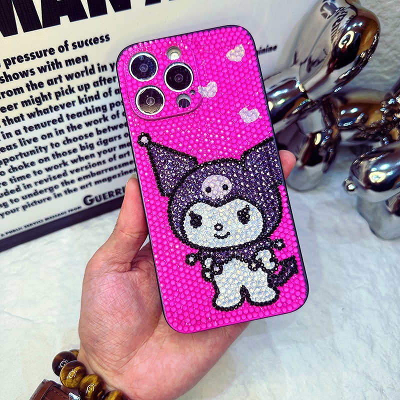 ハンドメイド iPhoneケース クロミ キラキラのホットピンクラインストーン iPhone16/15/14/13/12/11ケース Plus Pro Max デコ電ケース