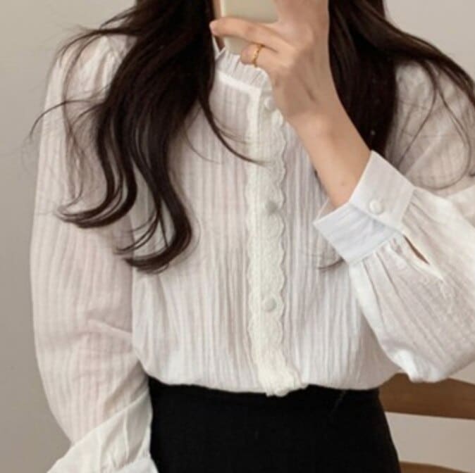 トップス デート かわいい 大人可愛い きれいめ シンプル カジュアル 大人 上品 おしゃれ お洒落スタンドカラー 長袖 シャツ ブラウス レース 前開き 春夏 ストライプ オフィス 韓国 XL