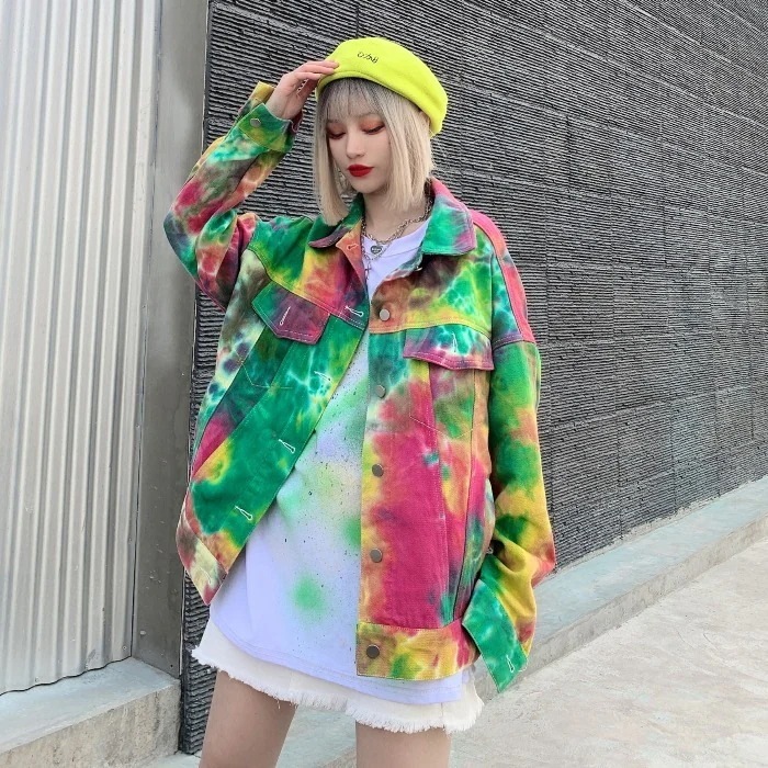 絞り染め 長袖 デニム ジャケット アウター 上着 ミディアム丈 袖あり ドロップショルダー 襟付き ポケット 前開き 綿 カラーデニム かわいい 大人可愛い カジュアル 大人 おしゃれ お洒落