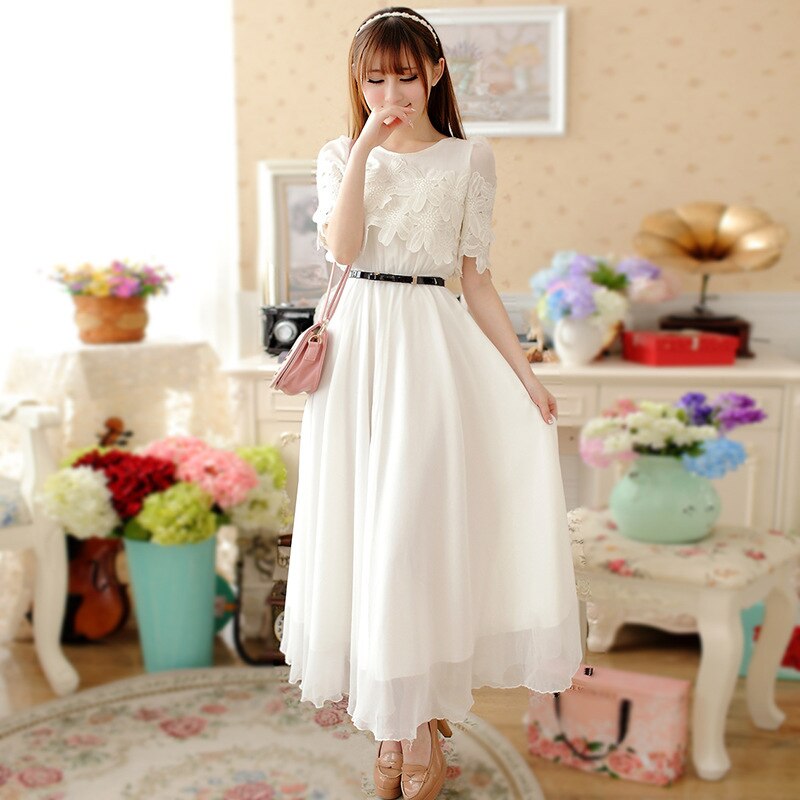 ワンピース Aライン フレア ミモレ 膝下 半袖 クルーネック レース チュール 刺繍 薄手 ウエストマーク ベルト ガーリー フェミニン 大人可愛い かわいい 花柄 春 夏 デート お出かけ 4,674円