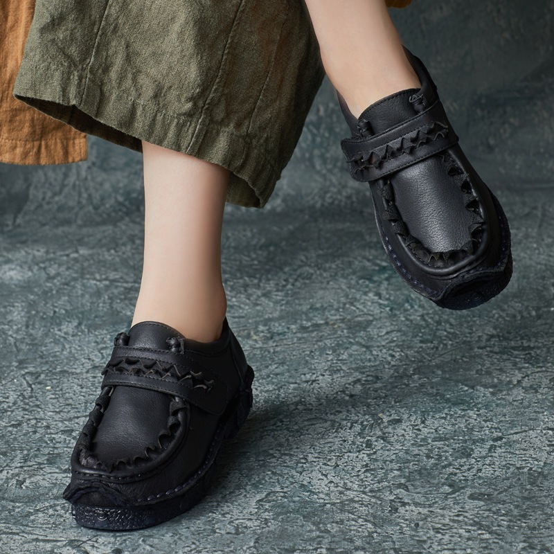 秋新作 民族風レトロ手作り牛革柔らかいソール粘着ボタンドットシューズ 浅口カジュアルラウンジレディースシューズ