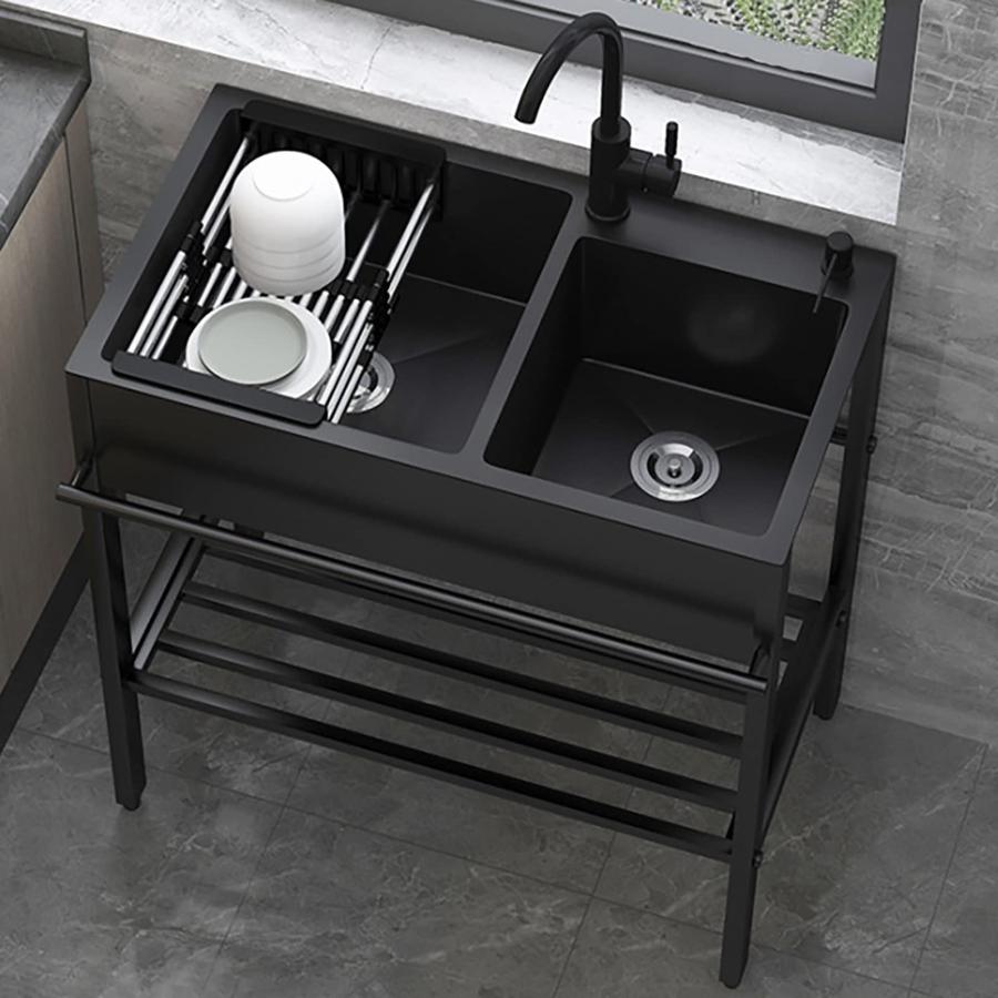 黒 流し台，自立型 シンク 流し台，台所用流し台304ステンレス製流し台，大容量自立型シンク ，2つのボウルを備えたステンレス製シンク，蛇口付き 商業流し台