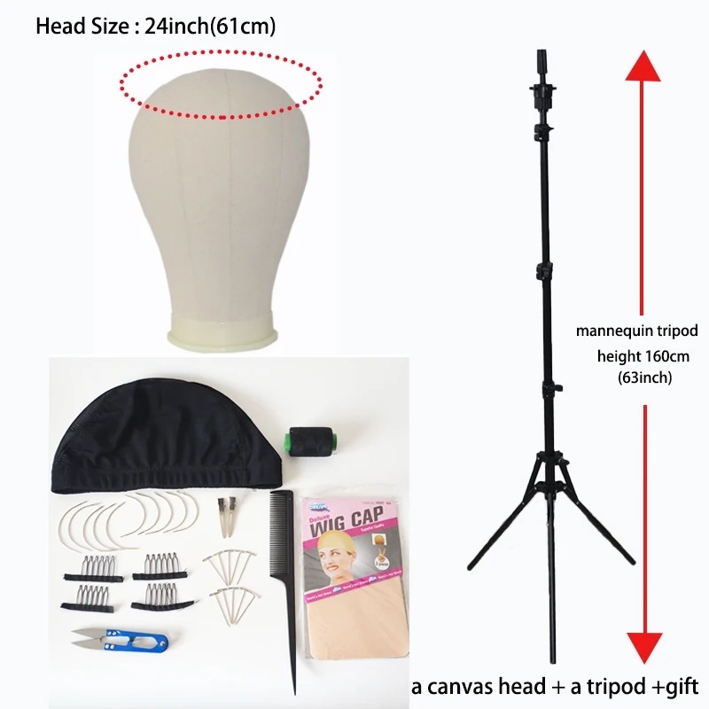 かつらの頭のサポート ヘアアクセサリー トレーニングアクセサリー マネキンのヘッド キャンバスブロック ディスプレイ かつら 24inch with tripod