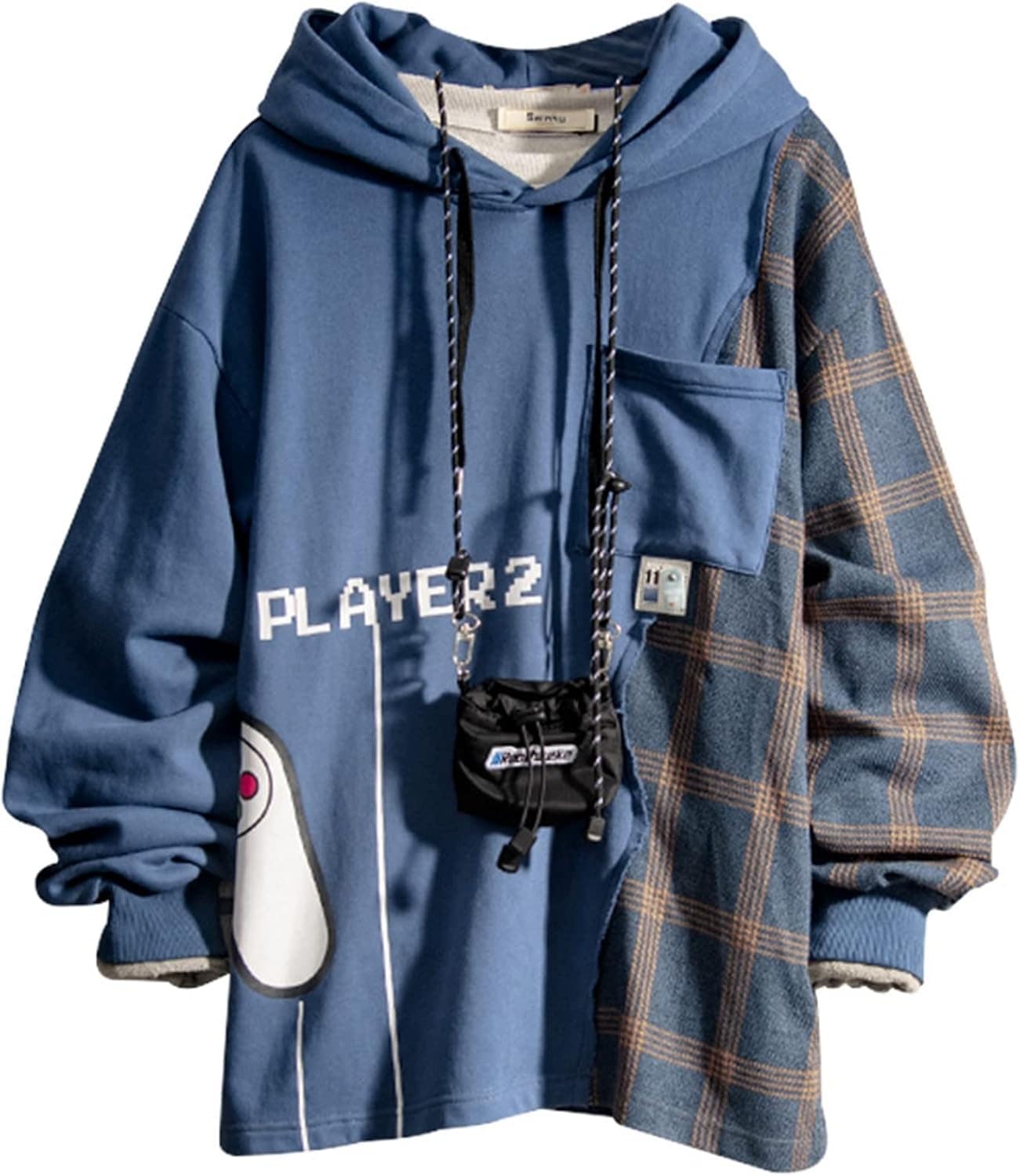 プルオーバー 男性用 長袖 パーカー アウター 切り替え プリント チェック柄 個性的 柔らかい ビッグシルエット ストレッチ フード付き 保温 丈長め カジュアル 肌触りがいい 秋服 体型パカー キ
