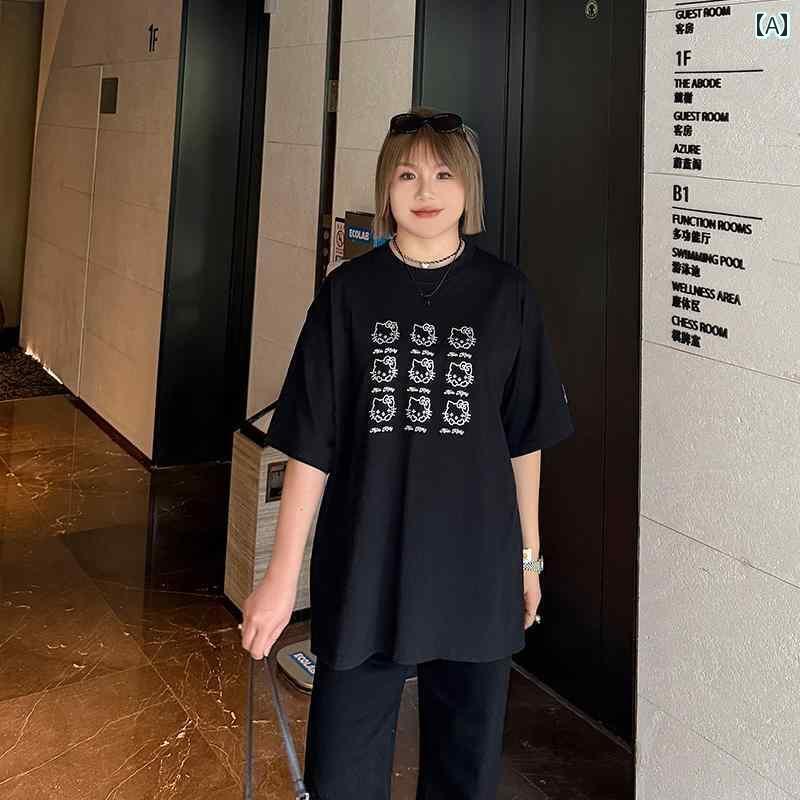 レディース　Tシャツ　 ホット ラインストーン 子猫 大きいサイズ Tシャツ 女性 2025 太った 女の子 mm 年齢を 減らす 半袖 トップ