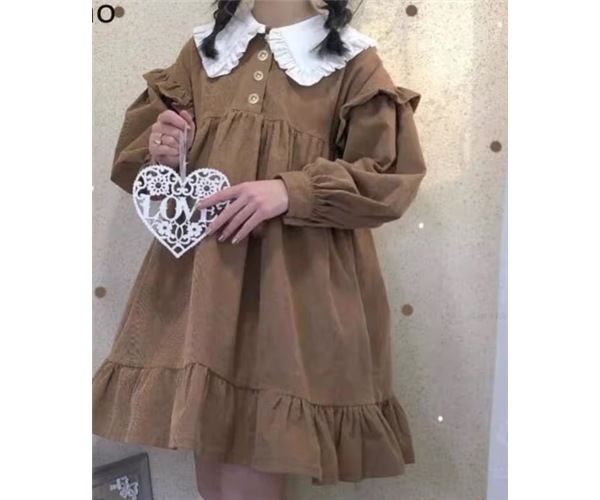 レディース ワンピース プルオーバー ドレス ミニ ショート 膝丈 長袖 襟付き Aライン フェミニン フリル ボタン 切り替えデザイン かわいい シンプル カジュアル 上品 おしゃれ レトロ