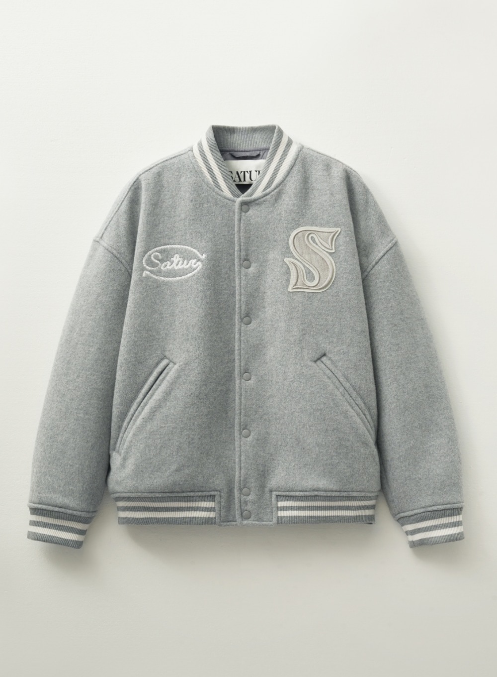 【SATUR】 S APPLIQUE WOOL VARSITY JACKET : GRAY