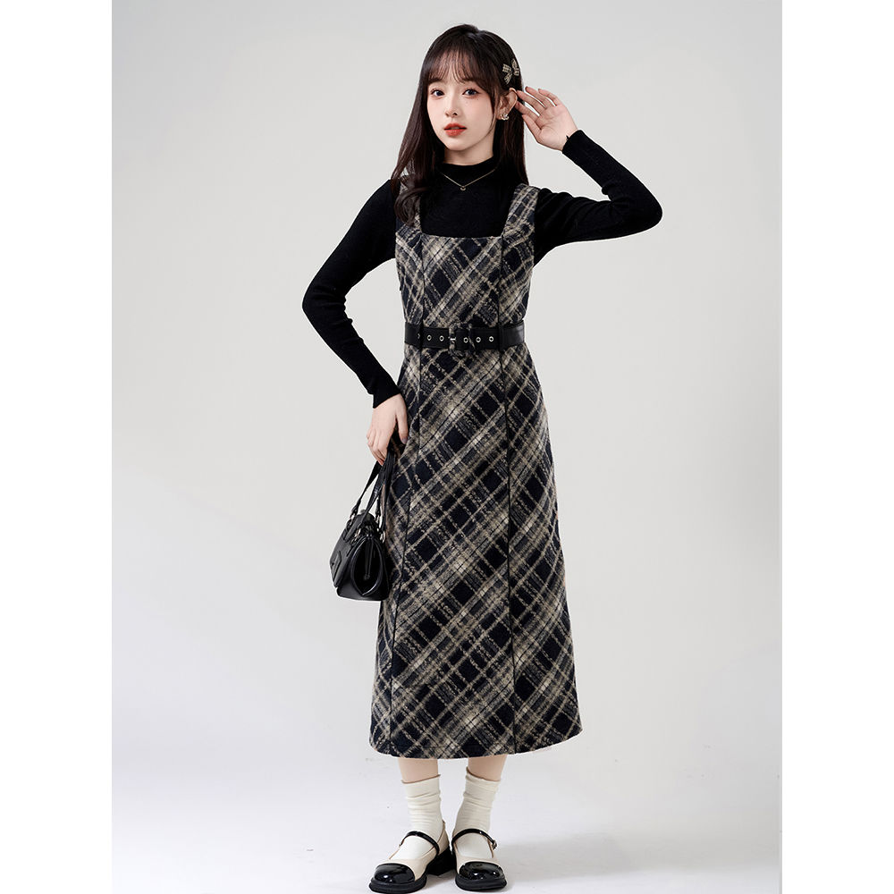 【送.料.無.料.急速発送】【新作】秋のチェック柄ワンピースベスト中ロングスカートインナーニットトップス2点セット