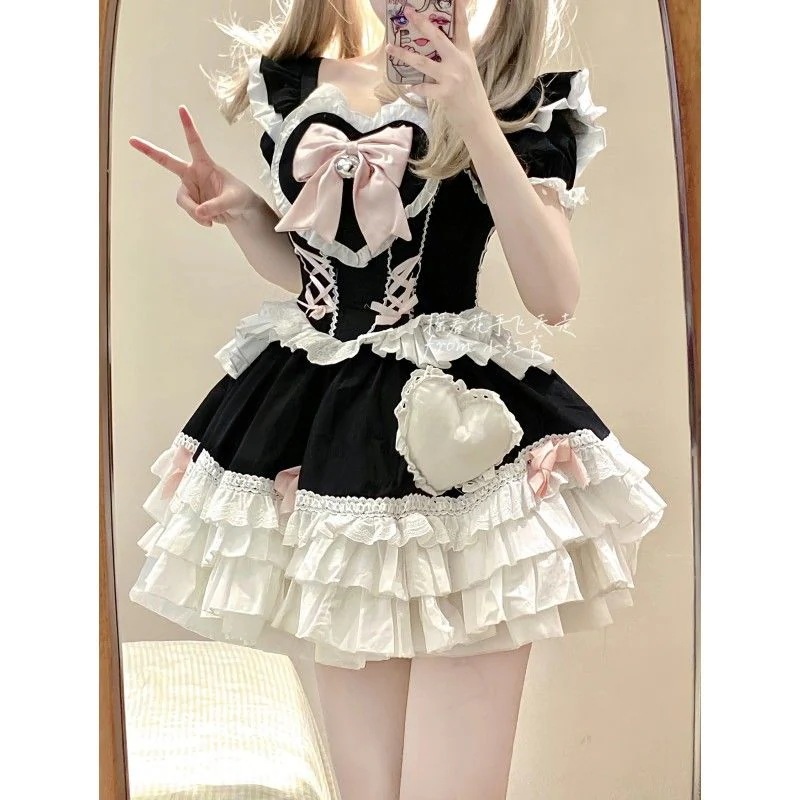 【急速出荷!】コスプレドレス 复制 かわいい 半袖 リボン本 ワンピース Lolita 洋服 ポンポンスカート 韓国 花嫁 茶会