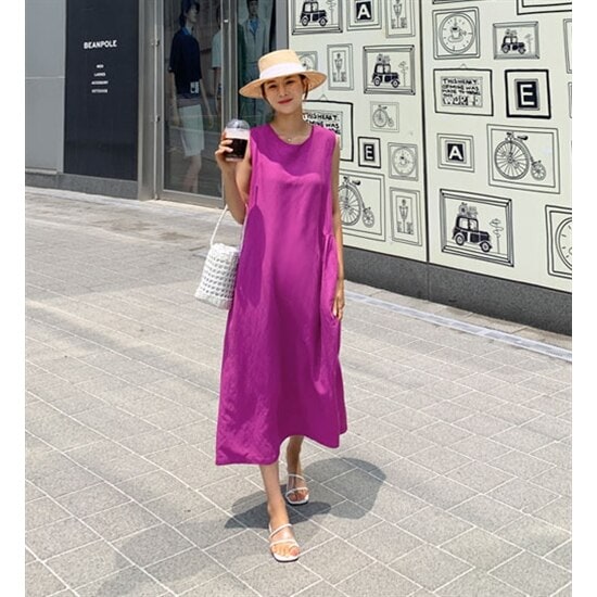 【取寄：納期2週間】ノースリーブワンピース 夏服 スカート 無地 ミドル丈 Aライン レディースワンピース
