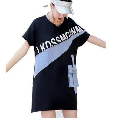 5分袖 TシャツワンピルーズロンT コットン＆デニム切替 ト