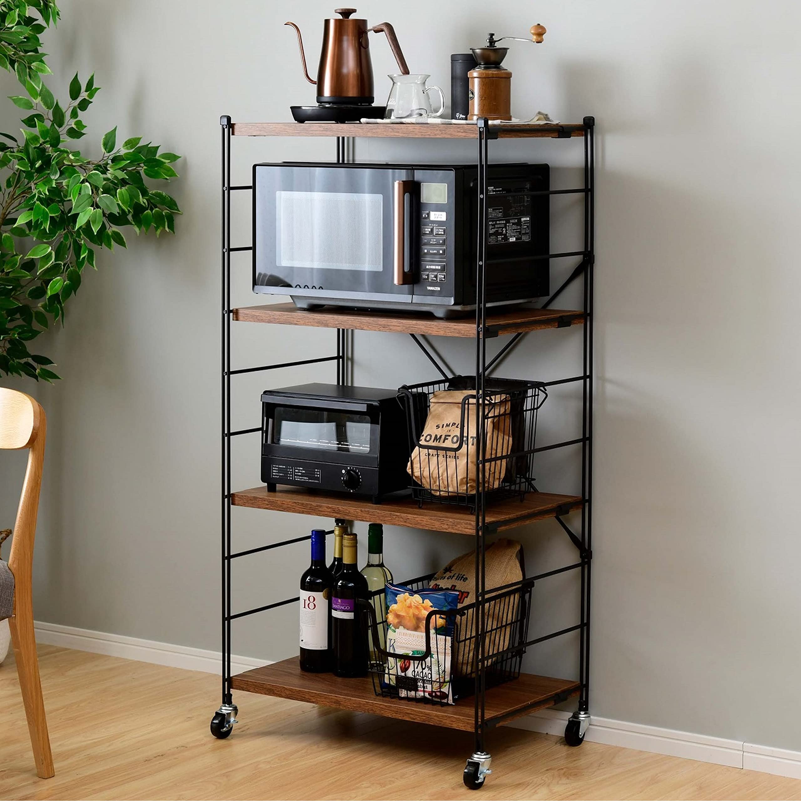 山善(YAMAZEN) ラック (キャスター付き) 全体耐荷重100 棚板カンタン高さ調節 幅65×奥行41.5×高さ128 組立品 ブライトブラウン MWS-12644C(BBR/SBK)