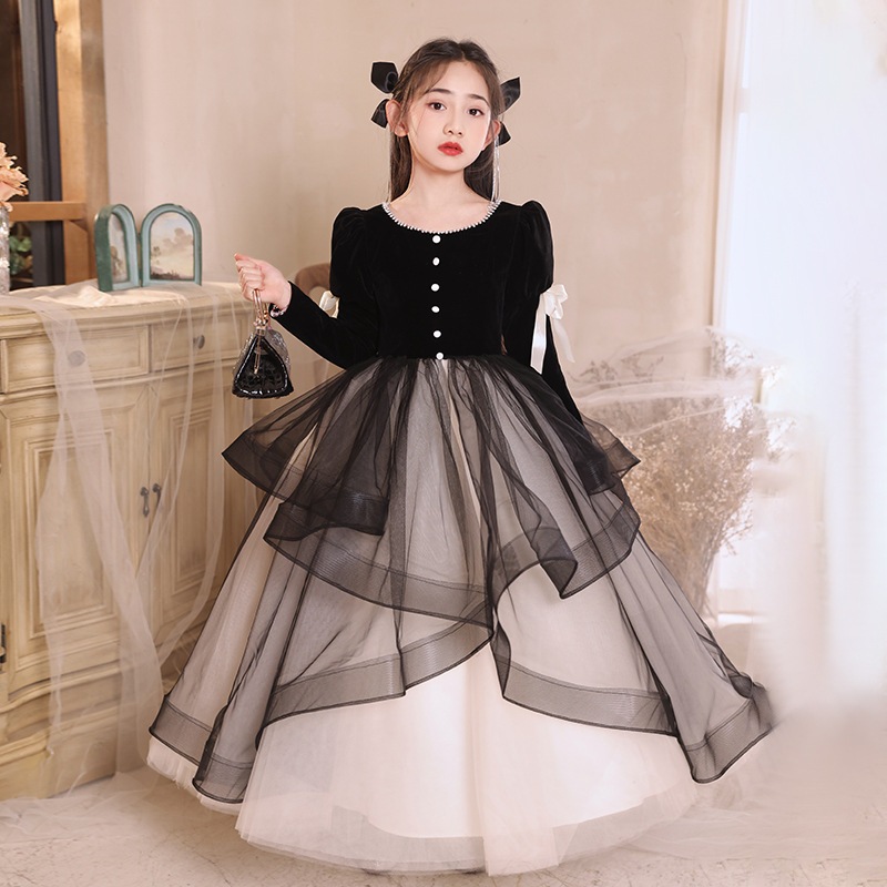 女の子のドレスブラック少女プリンセスドレス子供の新年のデイホストピアノパフォーマンス服 5,014円