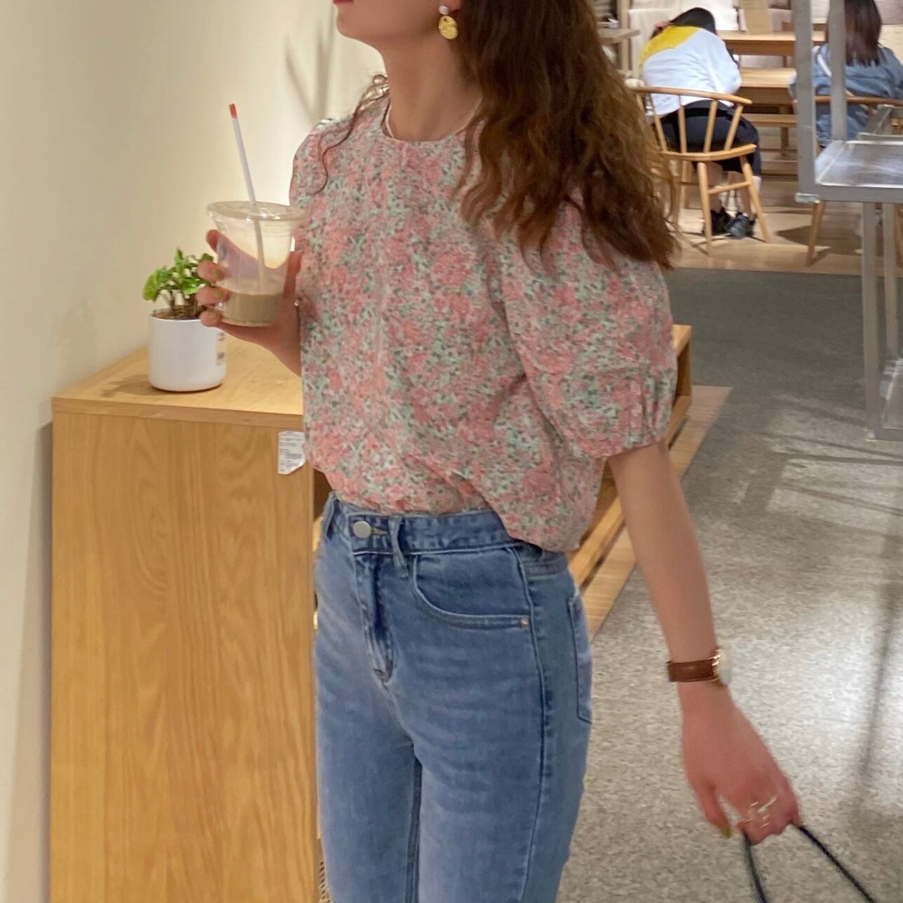 レトロ風 トップス シャツ ブラウス レディース 春 夏 かわいい 半袖 パフスリーブ ラウンドネック ピンク L フリーサイズ ゆったり 大人可愛い きれいめ シンプル カジュアル 大人 上品 おし