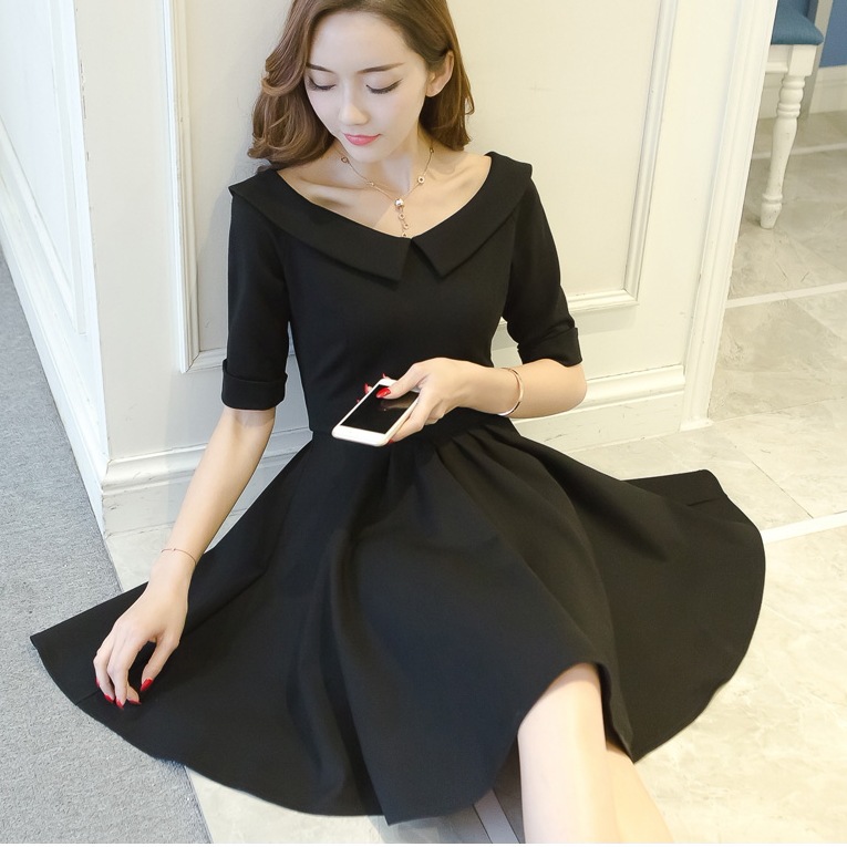 新作 レディース 春夏 ワンピース ショート丈 ひざ上 袖あり 7分袖 長袖 ラウンドネック 襟付き