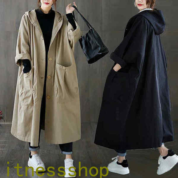 新生活 トレンチコート レディース 40代 長袖 スプリングコート カーキ/黒 ジャケット 春コート ロング丈アウター パーカー 秋服 ゆったり 韓国風 30代50代