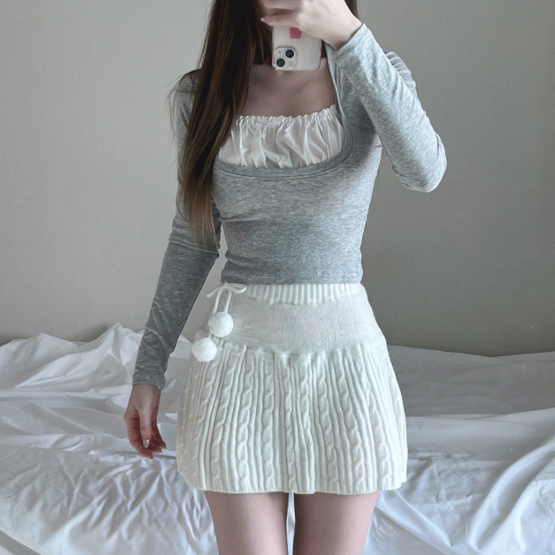 韓国スタイル ハイティーン フリル グレー ツーピース セット 5,170円