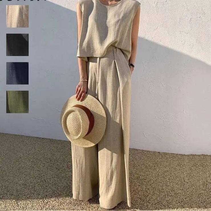 【セットアップ】大人の涼感ワッシャー素材リネンライクワイドパンツ夏服セットアップ