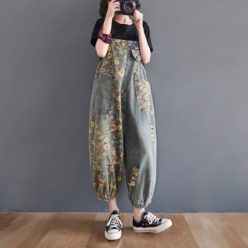 デニム オーバーオール サロペット 花柄 黄色 レディース フラワー ボタニカル デイジー柄 可愛い おしゃれ 個性的 カジュアル アシンメトリー ダボダボ パンツ ズボン 裾絞り ボトムス ジーパン