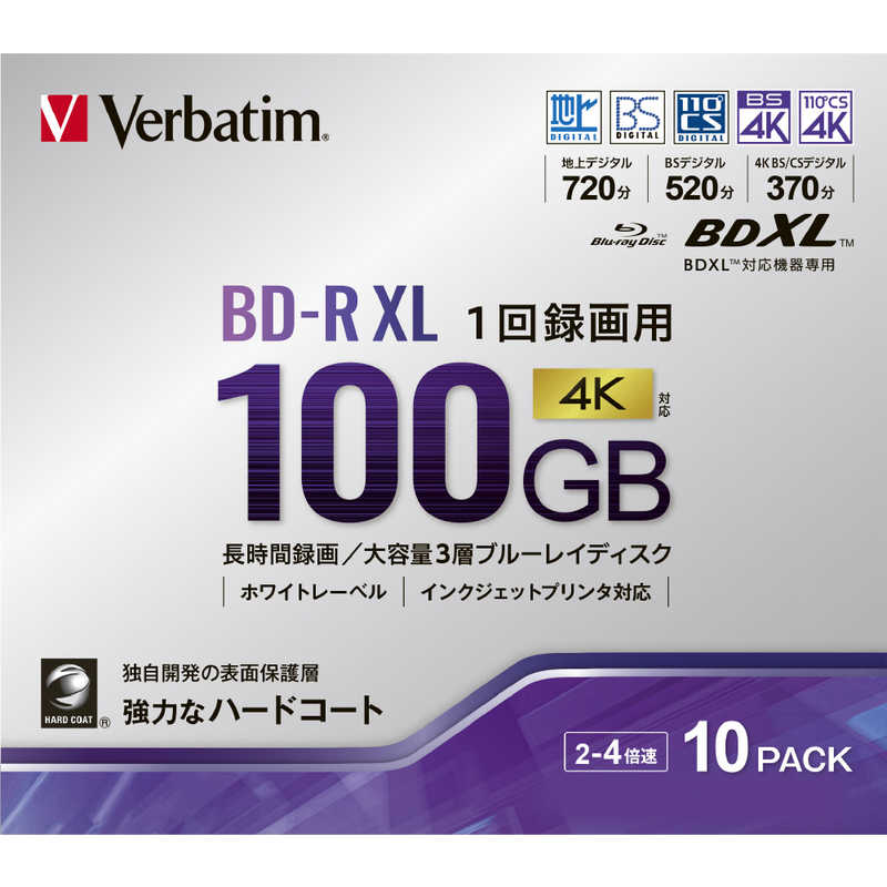 VERBATIMJAPAN　インジェットプリント対応 録画用BD-R XL 100GB 10枚　VBR520YP10D3