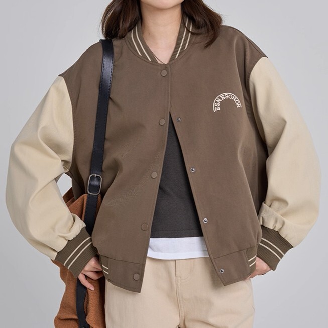 スタジャン レディース ジャケット アウター 上着 前開き 長袖 Vネック ストレート Iライン 切り替え ポケット ボタン ヴィンテージ アメカジ バイカラー 中厚手 かわいい 大人可愛い