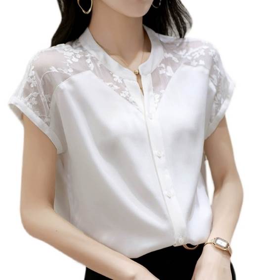 レディース トップス シャツ 半袖 フレンチスリーブ オープンカラー ストレート レース 前開き 透け感 切り替えデザイン かわいい 大人可愛い きれいめ 上品 ガーリー エレガント キュー