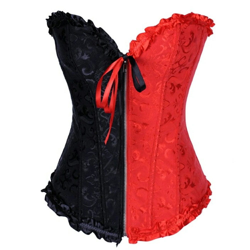 ブラック＆レッドレースリボン コルセット S M L XL 赤色 黒色 ジッパー ファスナー ジップアップ コットン フック ボディースーツ コスプレ 衣装 コスチューム nt597xxxxxxxx