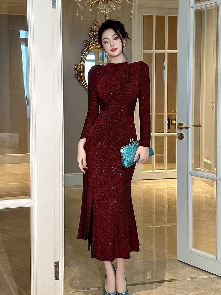 【JY.上品】 皺 キラキラ 秋冬 ロングワンピース ドレス パーティー キャバ 大人 同窓会 披露宴 卒業式 結婚式 成人式 ウェディング 二次会 メガ割ドレス